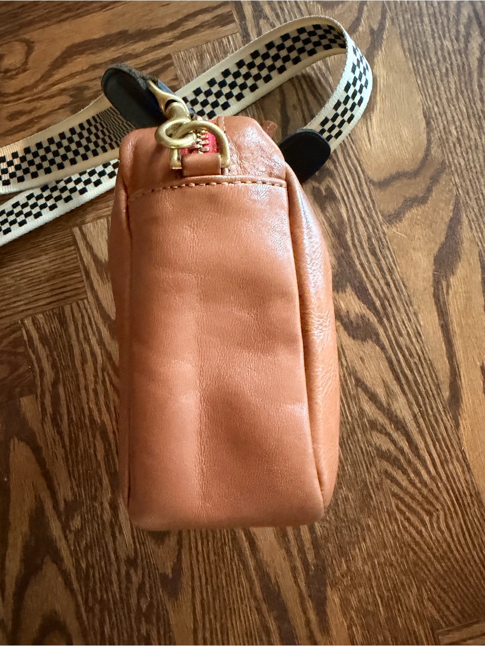 Clare V Midi Sac in Tan with Stripes and Checkered Crossbody Strap - Picture 9 of 12